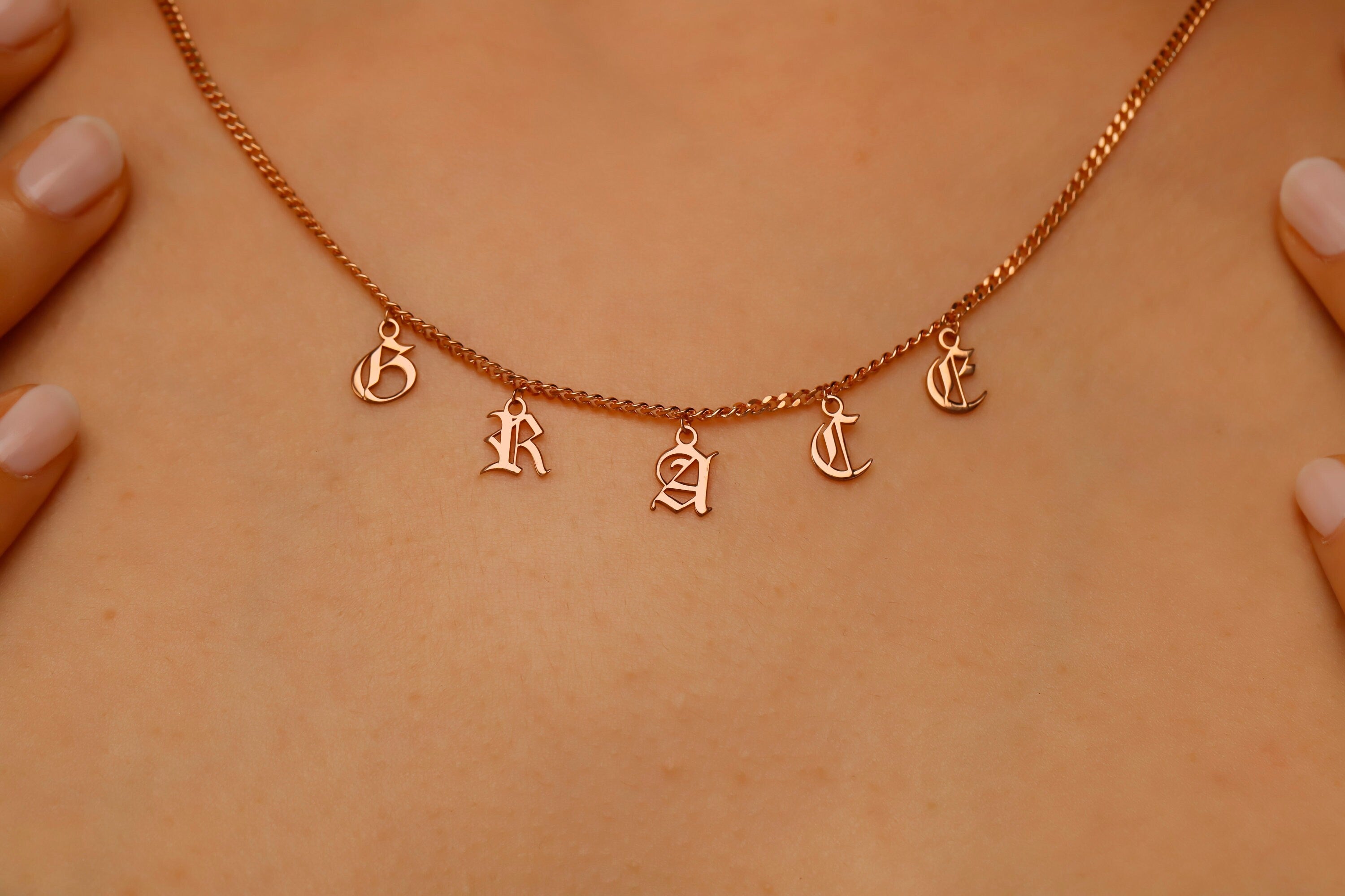 Personalized Name Necklace - Dangle Gothic Old English Design