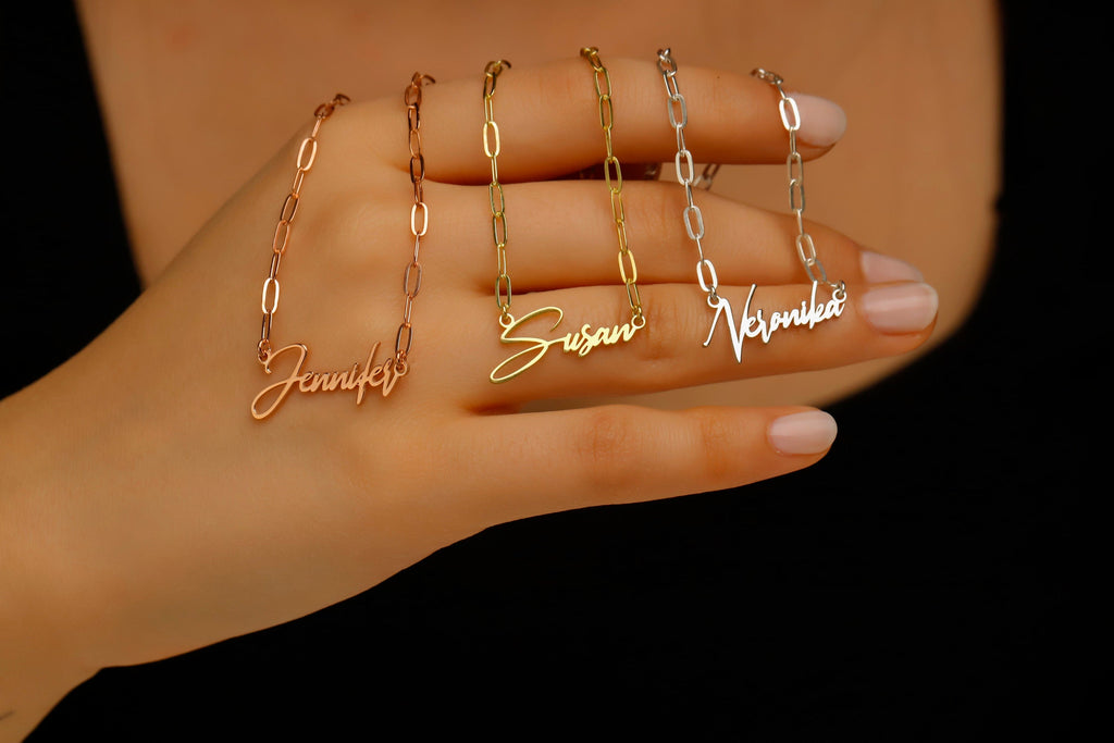 14K Gold Paper Clip Name Necklace - Elegant Sterling Silver Link Chain