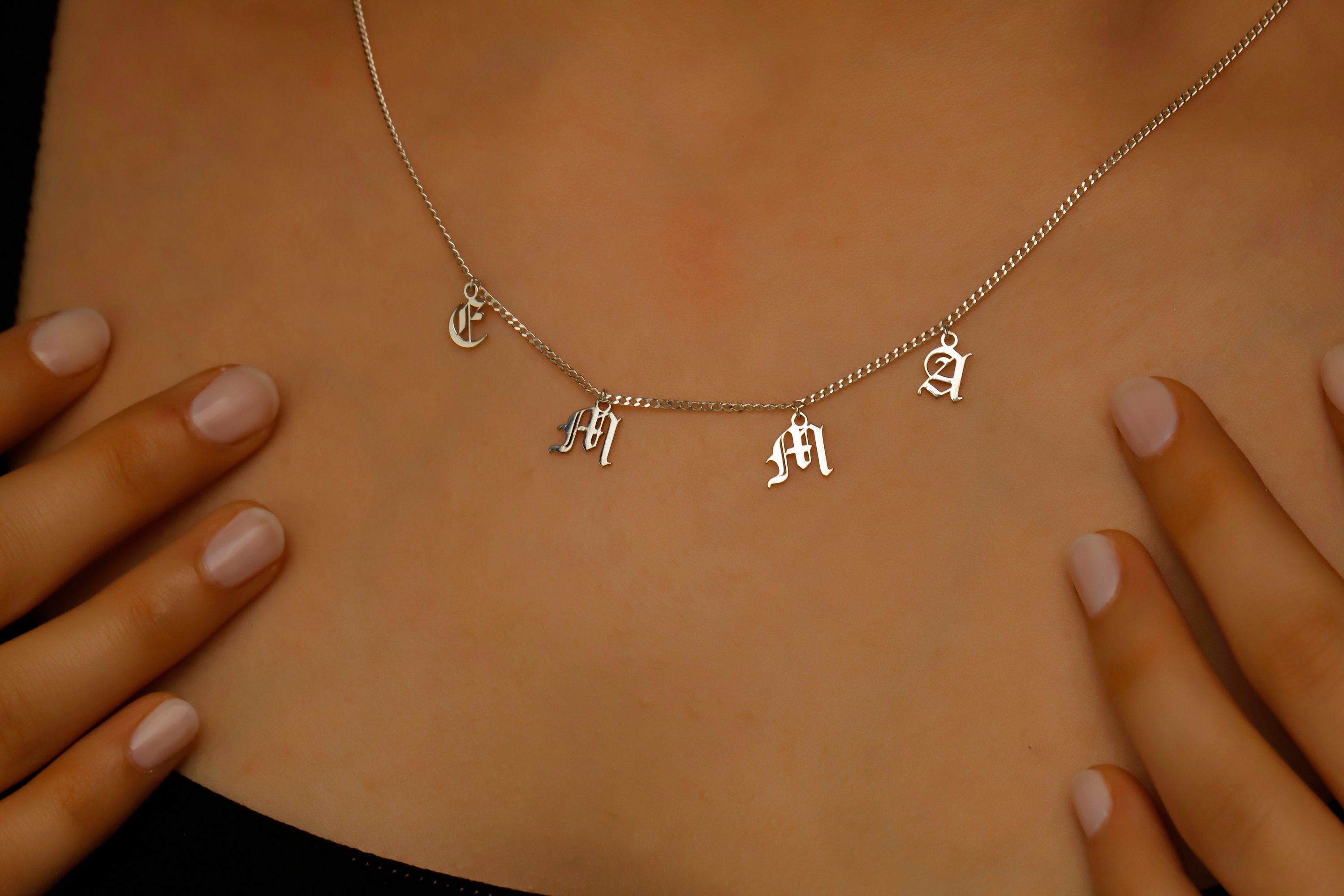 Personalized Name Necklace - Dangle Gothic Old English Design
