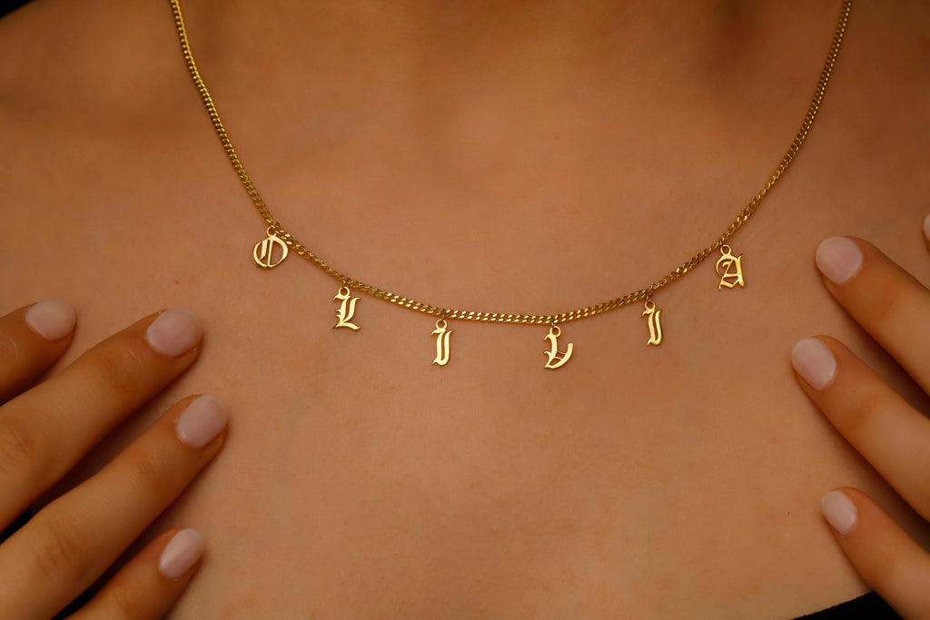 Personalized Name Necklace - Dangle Gothic Old English Design