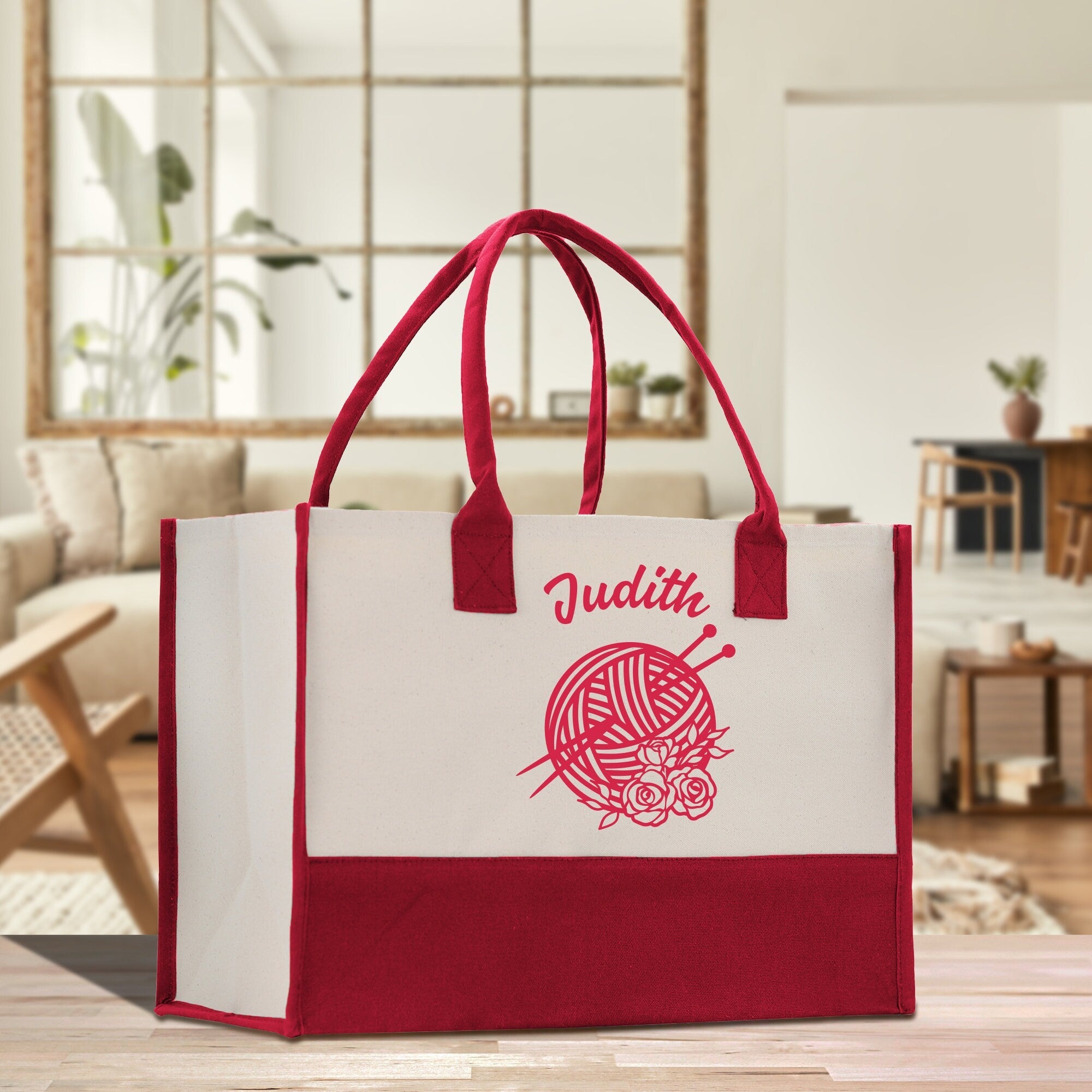 Personalized Knitting Cotton Canvas Tote Bag Custom Grandma Kitting Bag Yarn Custom Crochet Bag Mother's Day Gift Knitting Gift