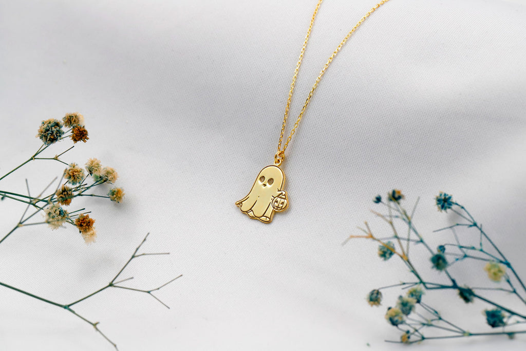 Silver Ghost Necklace with Pumpkin Charm | Spooky Halloween Jewelry