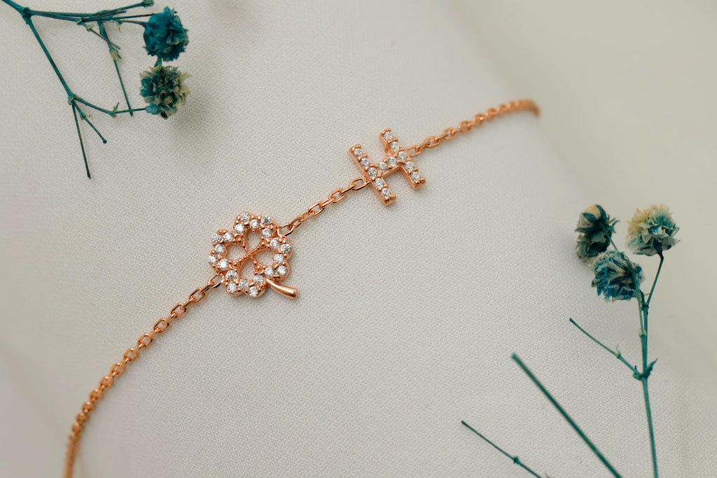 CZ Initial Bracelet with Clover Charm in 925 Sterling Silver