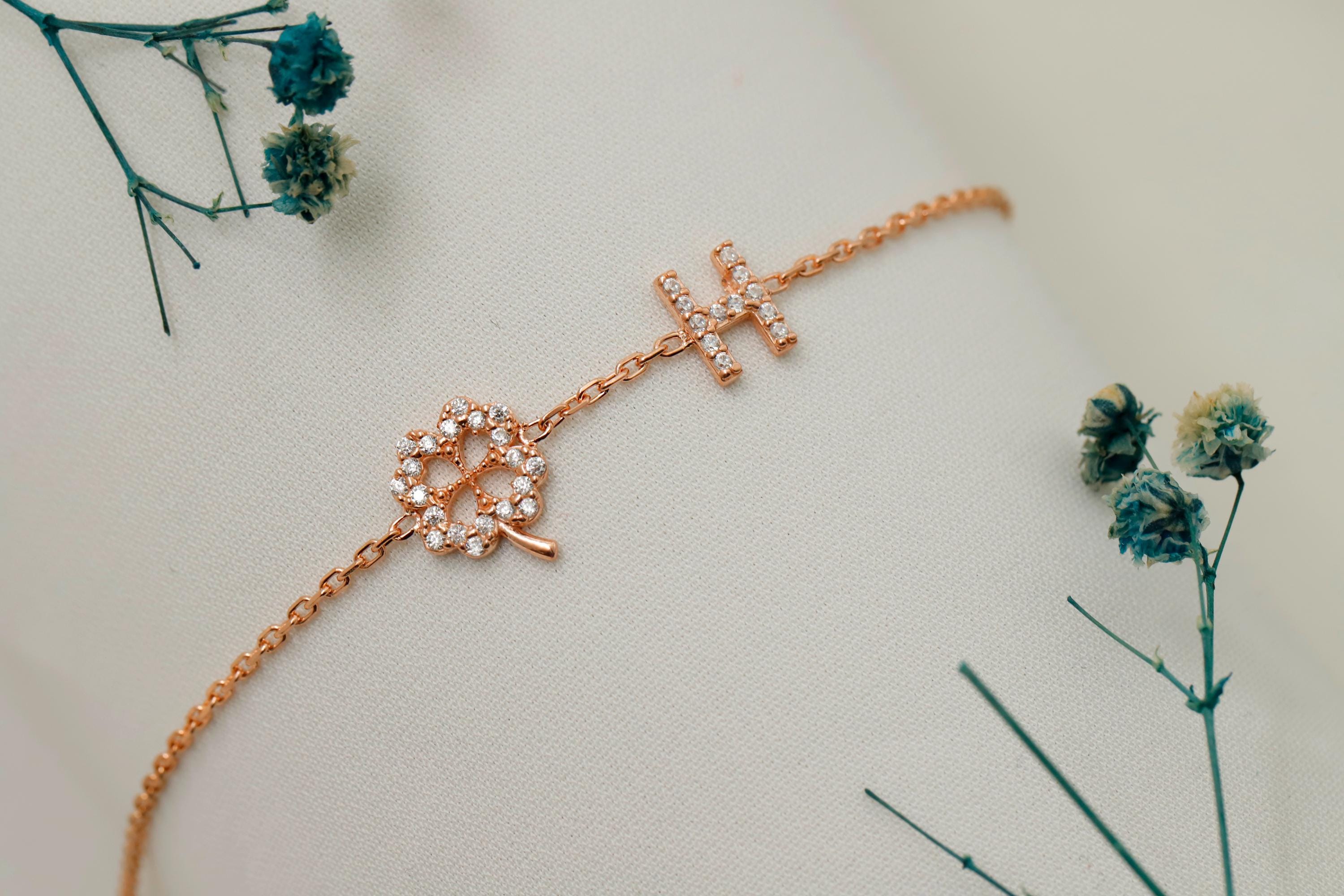 CZ Initial Bracelet with Clover Charm in 925 Sterling Silver