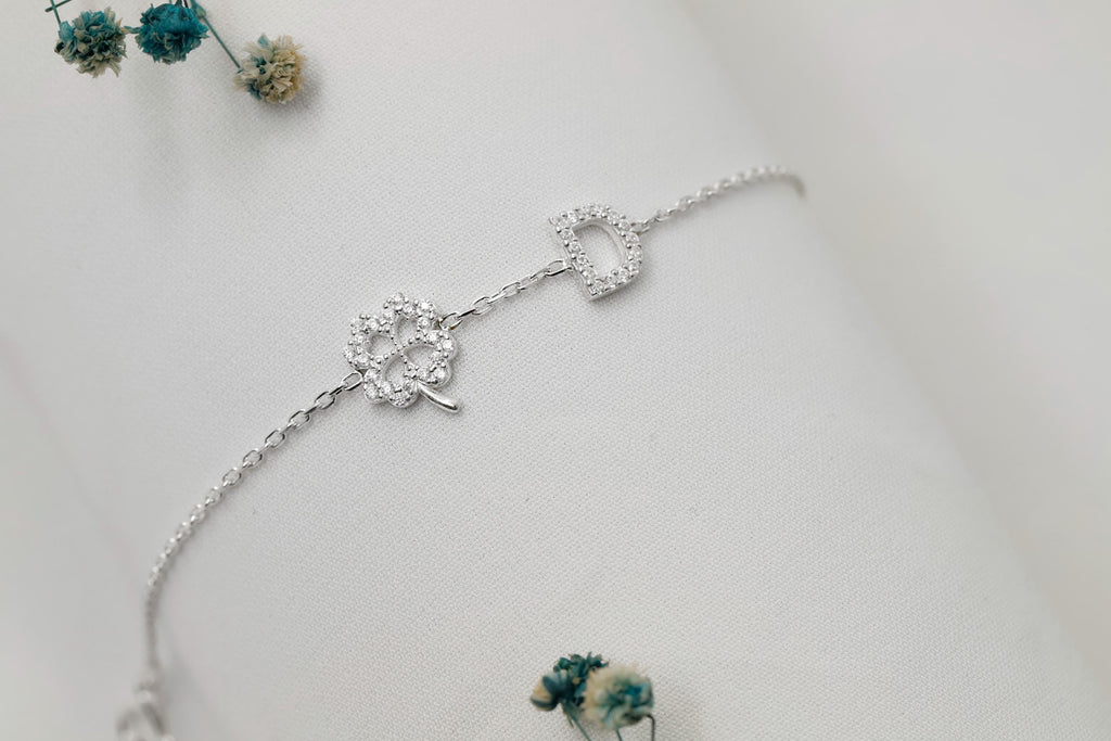 CZ Initial Bracelet with Clover Charm in 925 Sterling Silver