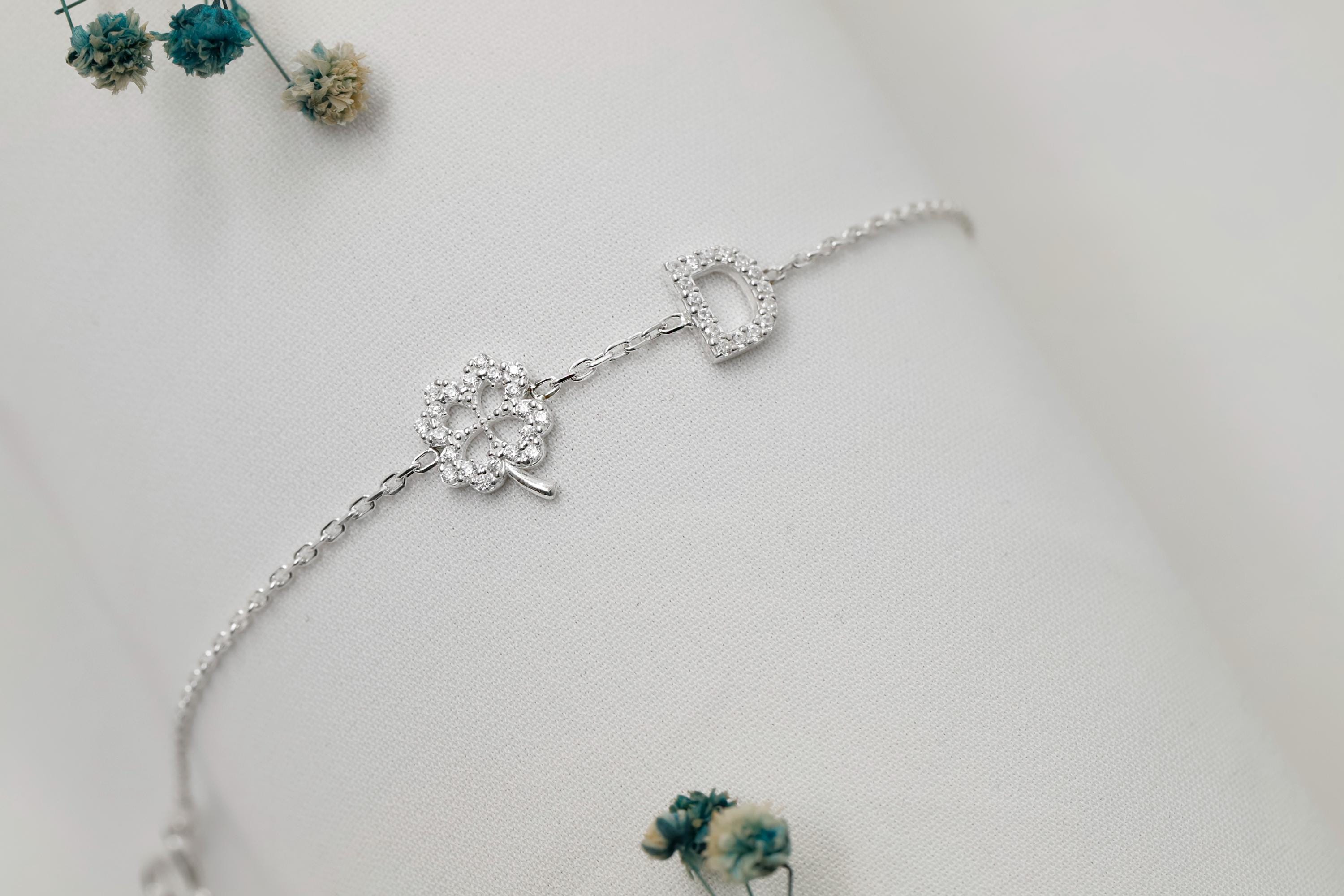 CZ Initial Bracelet with Clover Charm in 925 Sterling Silver