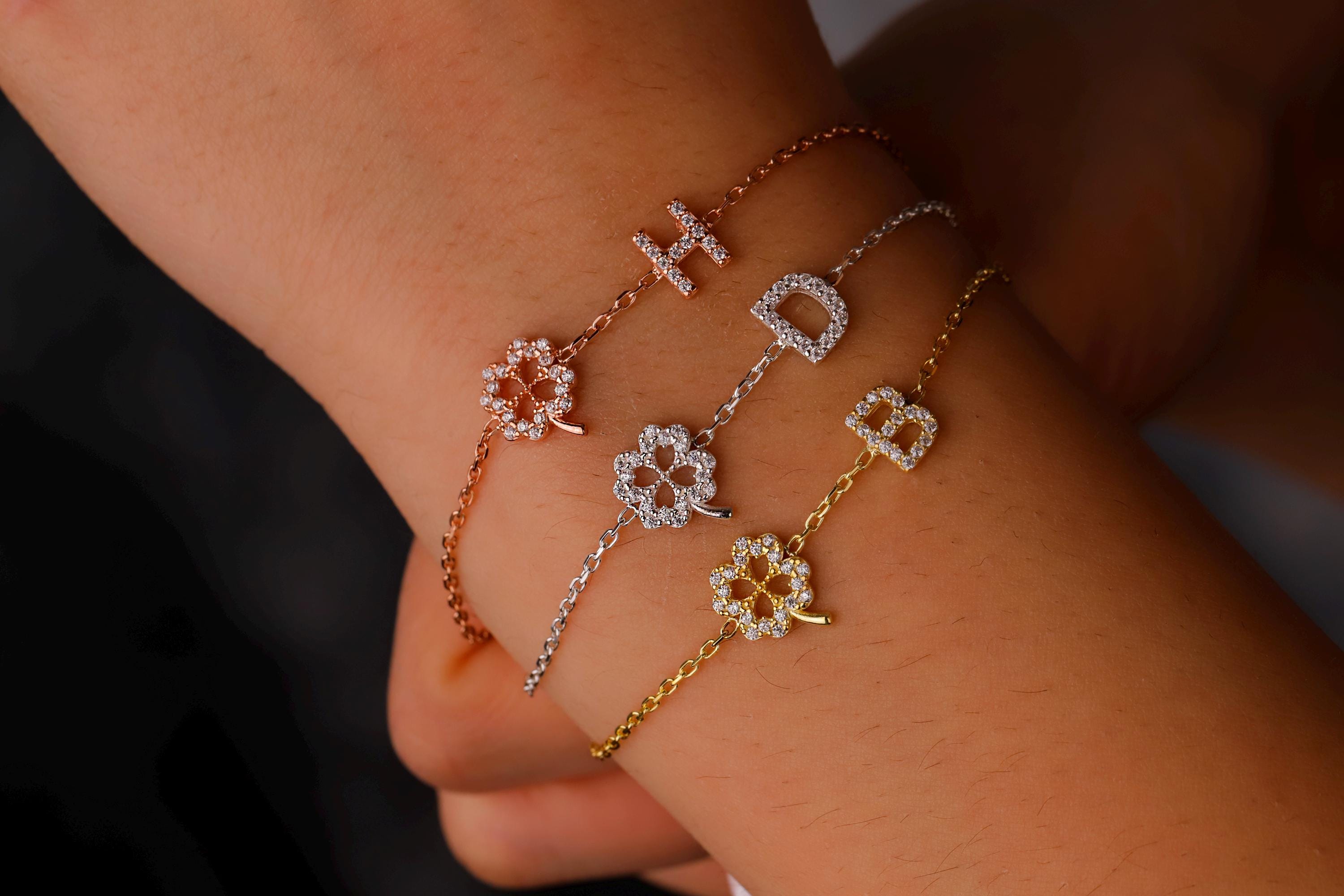 CZ Initial Bracelet with Clover Charm in 925 Sterling Silver