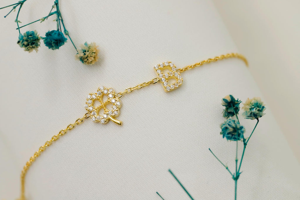 CZ Initial Bracelet with Clover Charm in 925 Sterling Silver