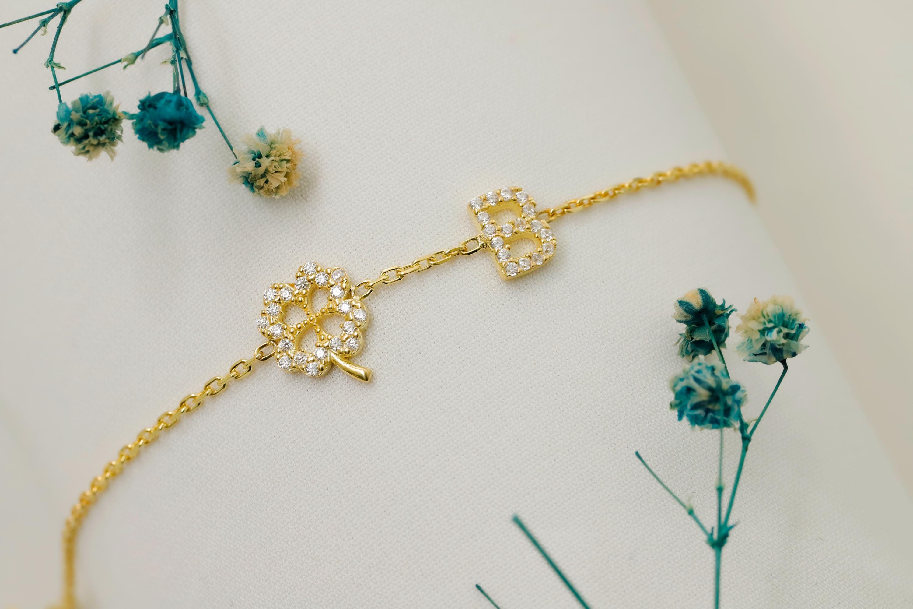 CZ Initial Bracelet with Clover Charm in 925 Sterling Silver