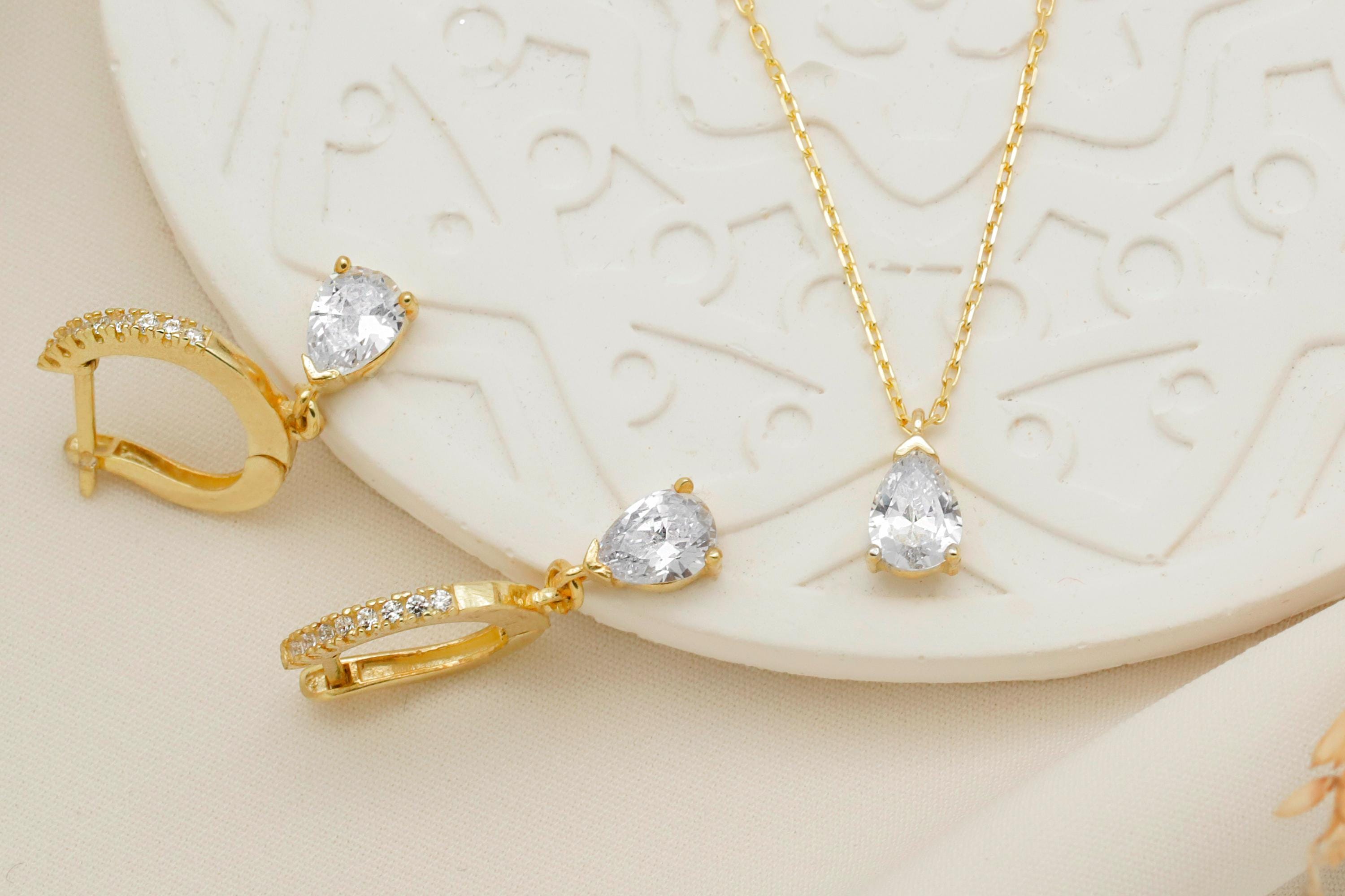 Diamond Dangle Earrings & Necklace Set - Sterling Silver Bridal Jewelry