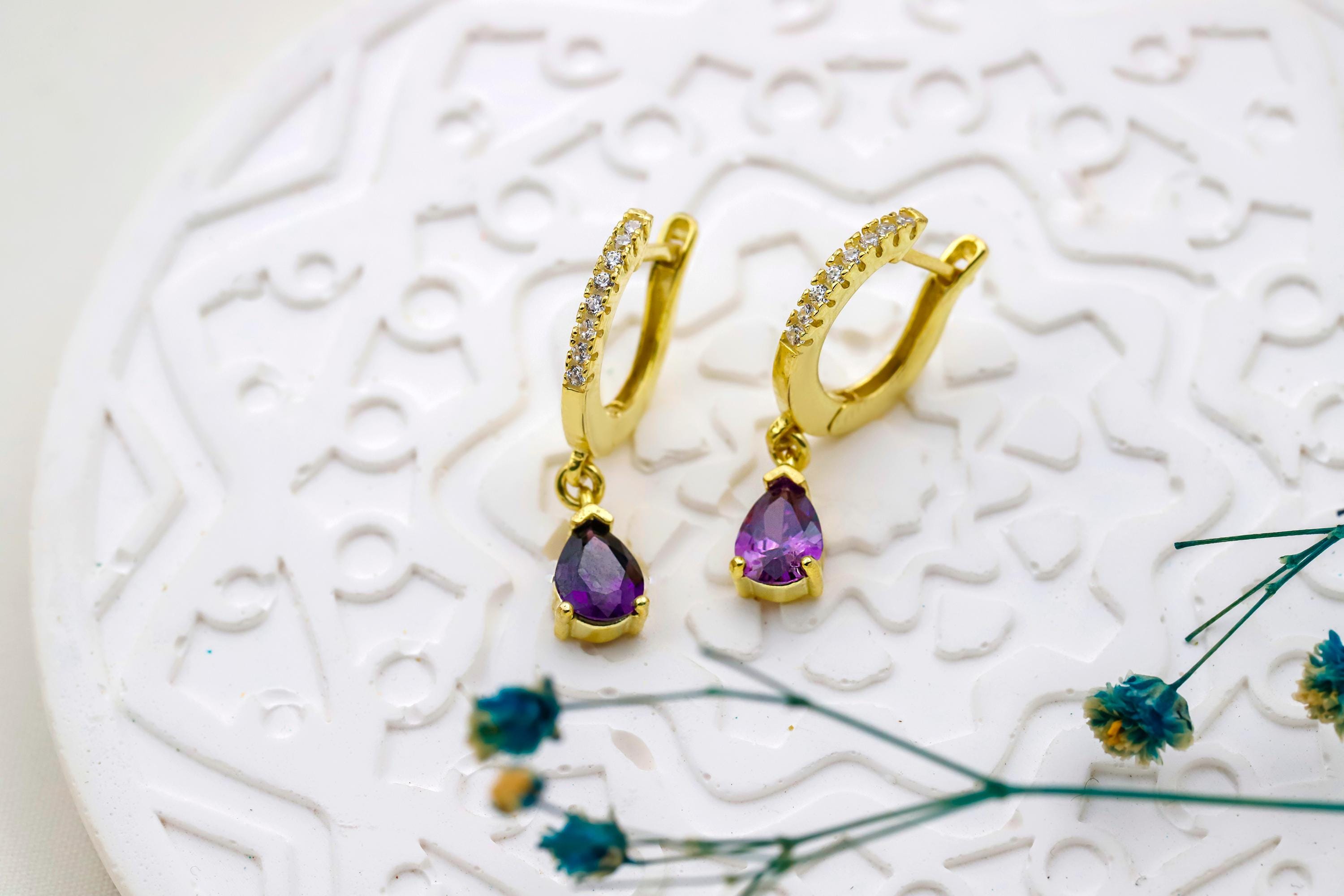 Amethyst Elegance: 14K Gold & Sterling Silver Jewelry Set with Stunning Drop Earrings & Necklace
