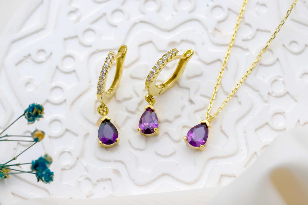 Amethyst Elegance: 14K Gold & Sterling Silver Jewelry Set with Stunning Drop Earrings & Necklace