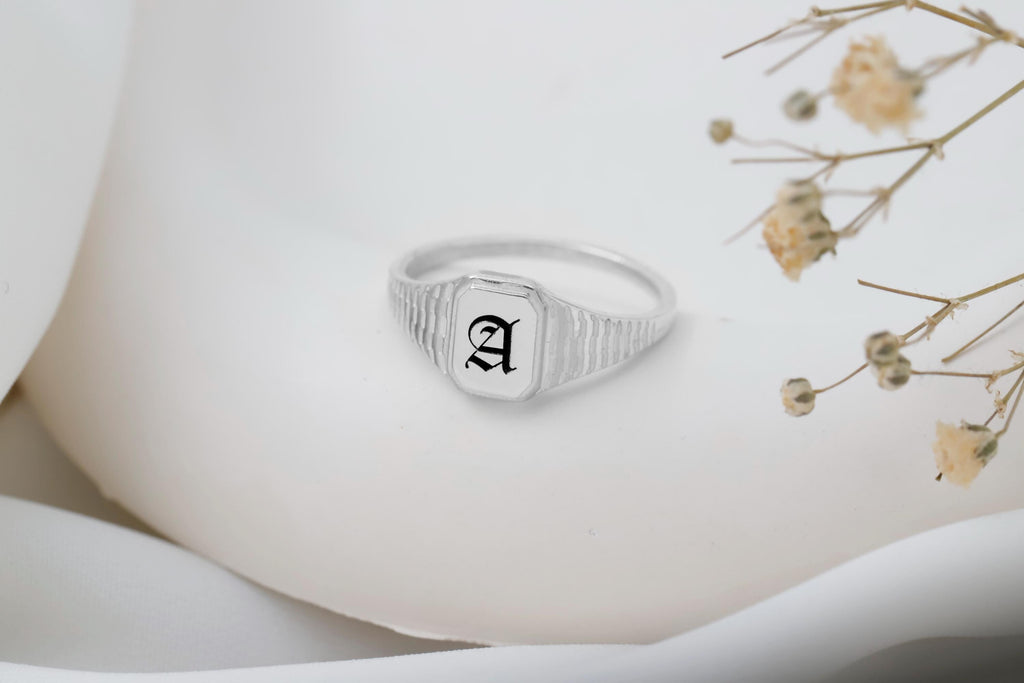 Personalized Silver Hexagon Signet Ring with Custom Initial Engraving