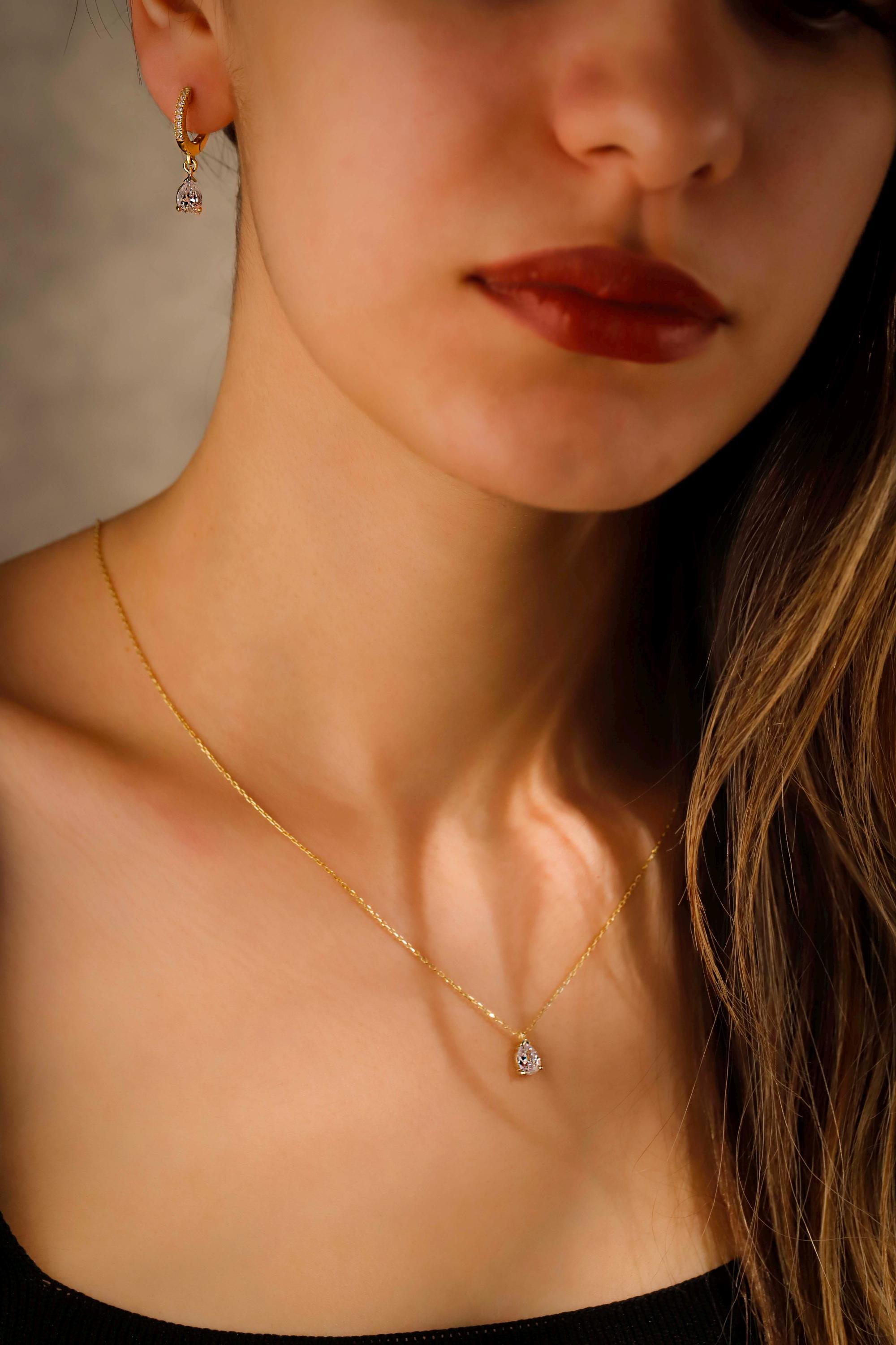 Diamond Dangle Earrings & Necklace Set - Sterling Silver Bridal Jewelry