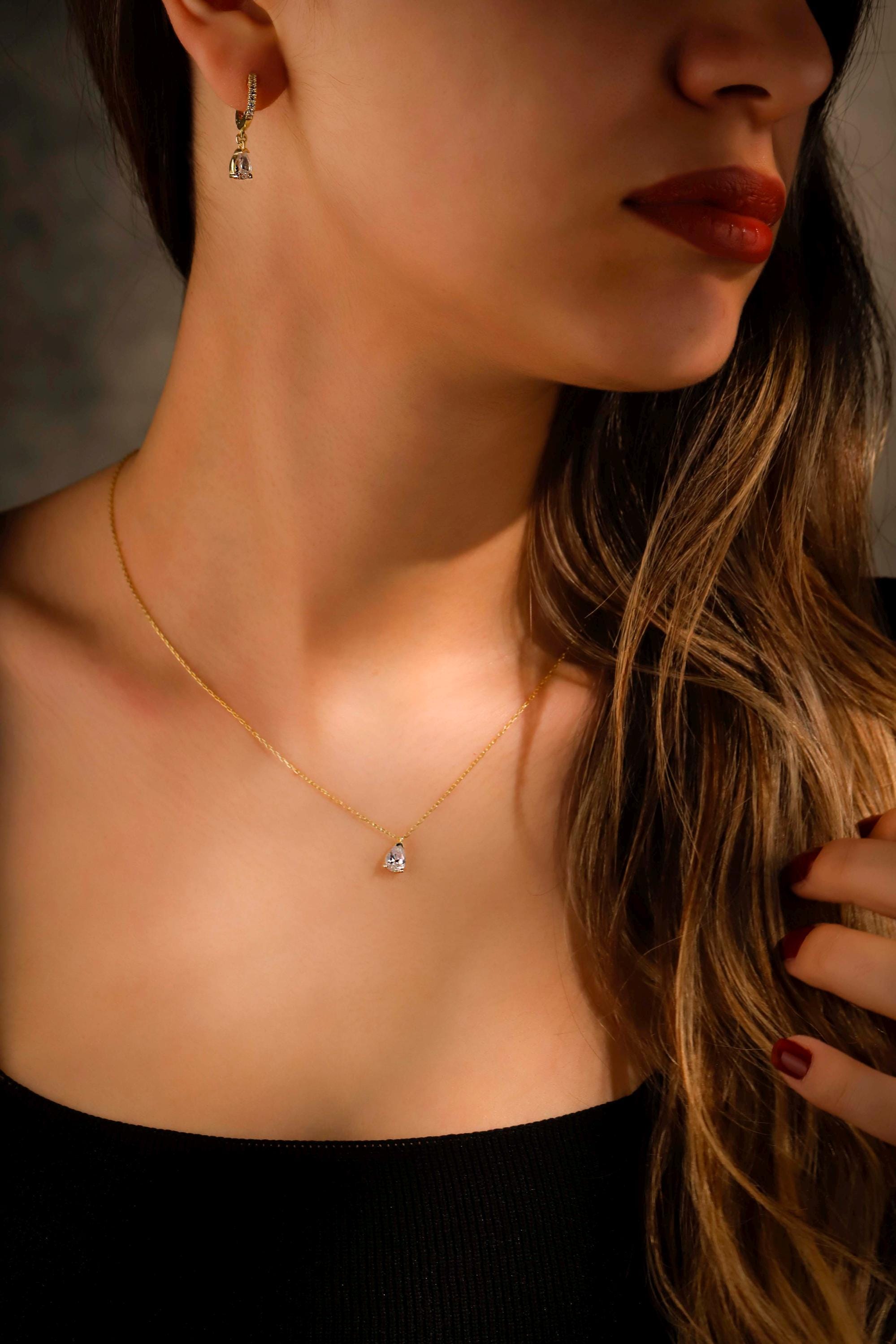 Diamond Dangle Earrings & Necklace Set - Sterling Silver Bridal Jewelry