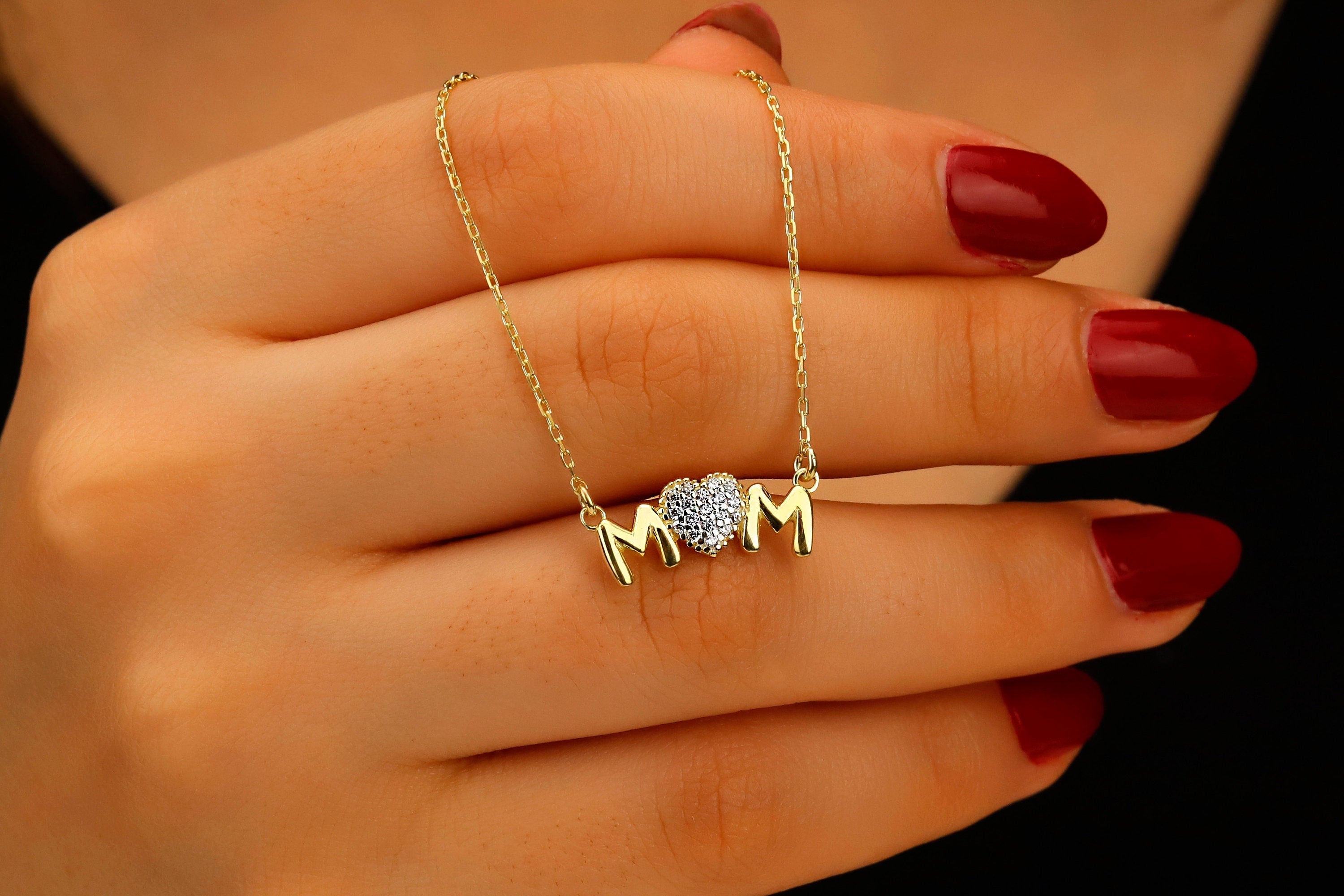 Sterling Silver Mom Necklace with Sparkling Diamond Heart
