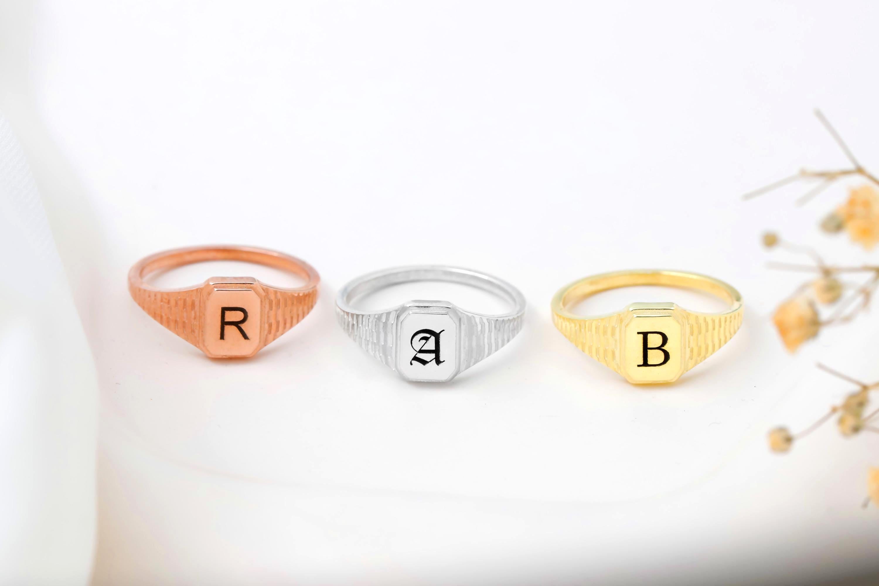 Personalized Silver Hexagon Signet Ring with Custom Initial Engraving
