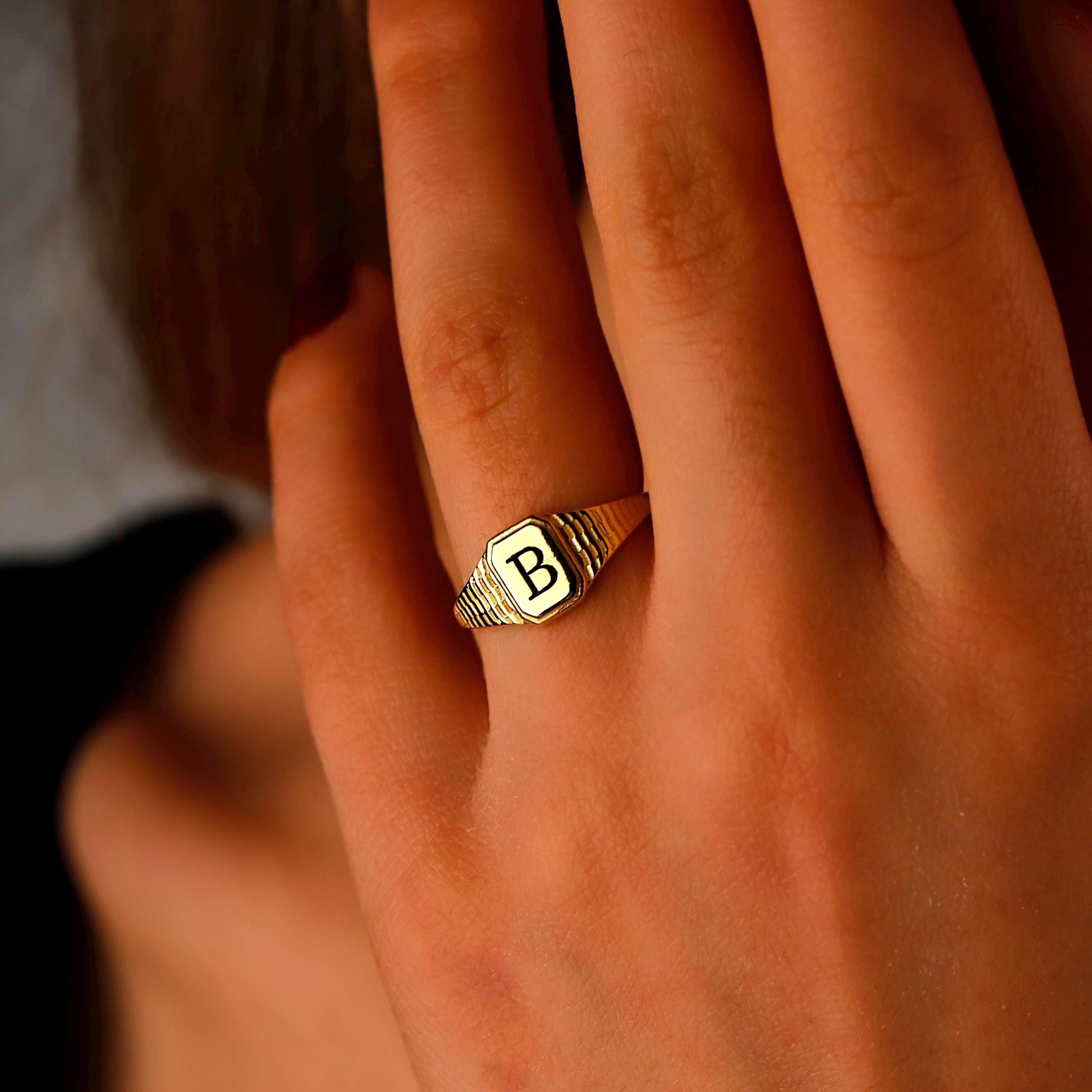 Personalized Silver Hexagon Signet Ring with Custom Initial Engraving