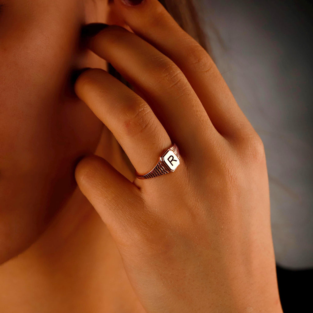 Personalized Silver Hexagon Signet Ring with Custom Initial Engraving