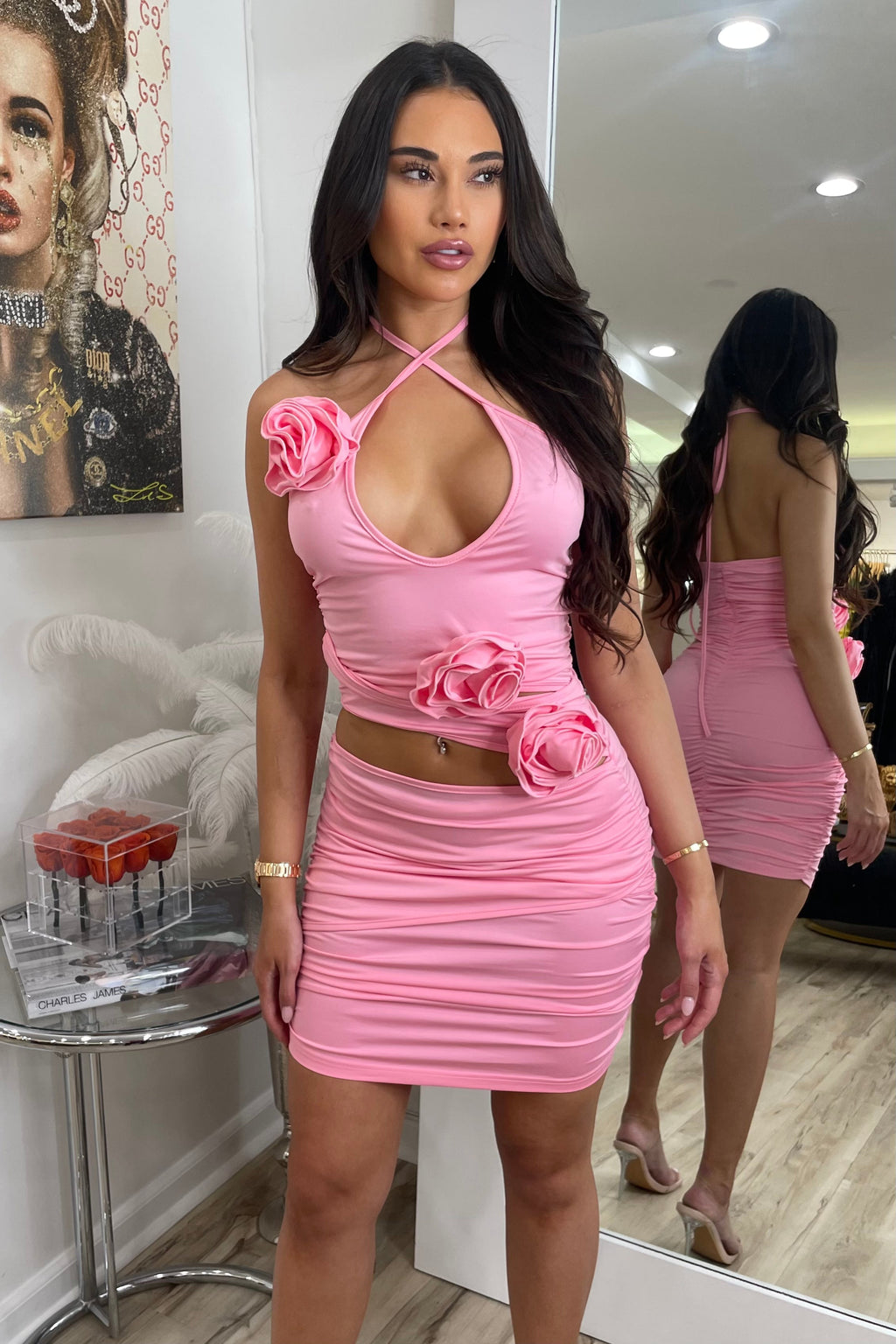 Jessica Bara Calista Ruched Rose Mini Dress