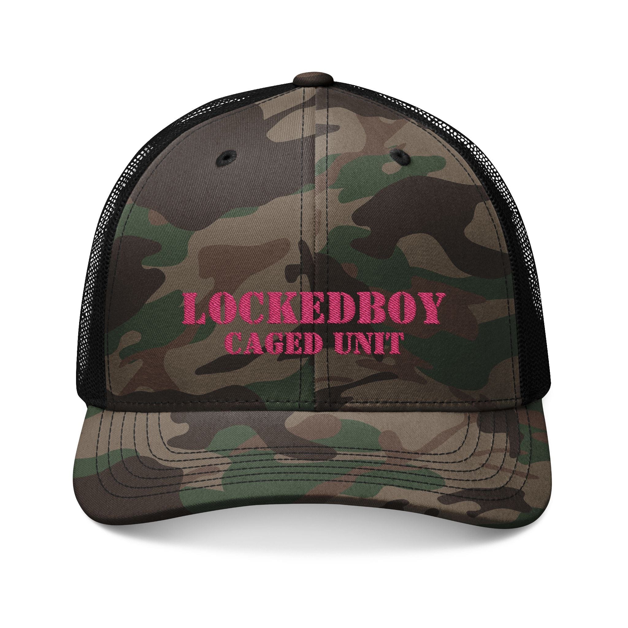PINK Locktober LockedBoy Caged Unit Camo Snapback Cap – Olive, Brown, and Black Camo Styles Embroidery | Outdoor Adventure Cap, Hunting Gear, Casual Wear, Gift for Dad.