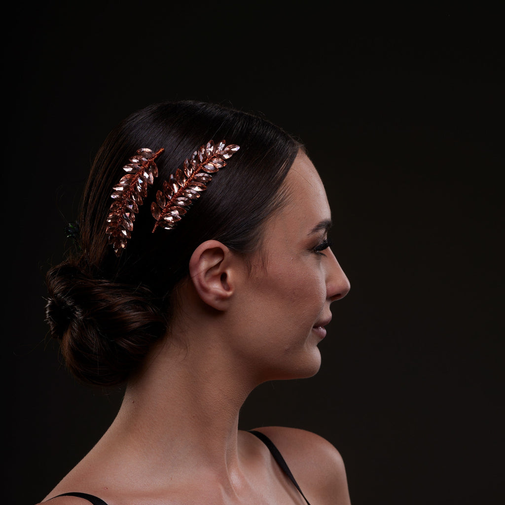 Rose  Gold Crystal Leaf Hair Comb Set